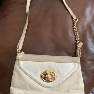 Emma Fox signature designer Cream and Gold Crossbody Bag with Flap Closure